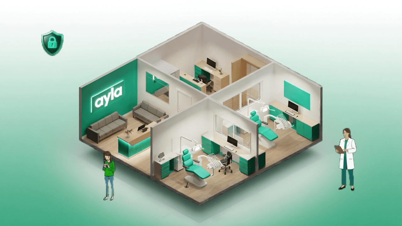 Isometric view of a dental practice with rooms labeled — front desk, operatories, office, and more